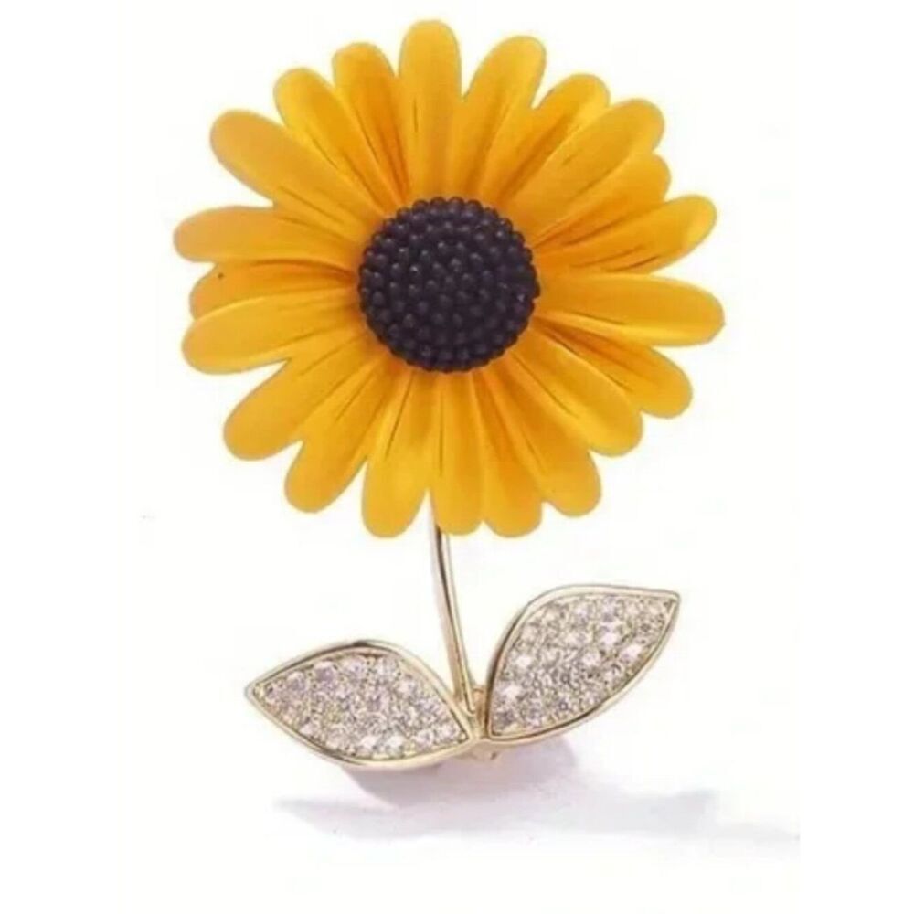 NWT Sunflower Small Brooch Enamel and Rhinestone Lapel Pin Golden Tone